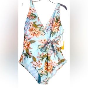 Kona Sol Women’s One Piece Blue Hawaiian Palm Floral Swimsuit Size XL 16-18 NWT